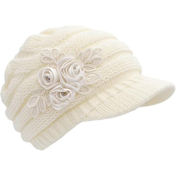 Women\'s Beautiful Style Crochet White Flower Brim Knit Winter Warm Hat Cap main image 6